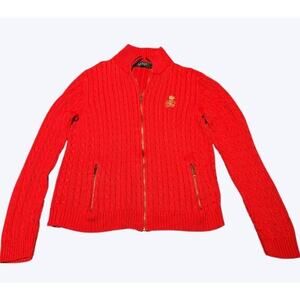 Lauren Ralph Lauren Red Zip cable Front Sweater Gold Logo Ladies L